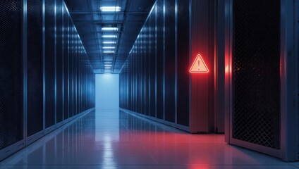 Data Center Server Room with Warning Sign and Blue Lighting.