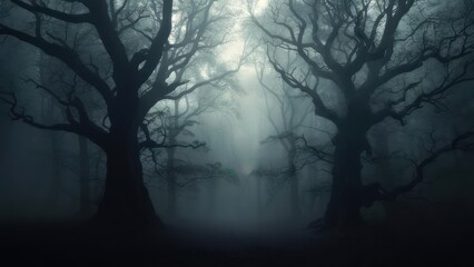 Dark, misty forest path between gnarled trees