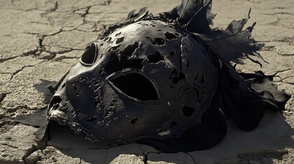 A dark and damaged discarded mask lying on a rough cracked textured surface in an outdoor environment