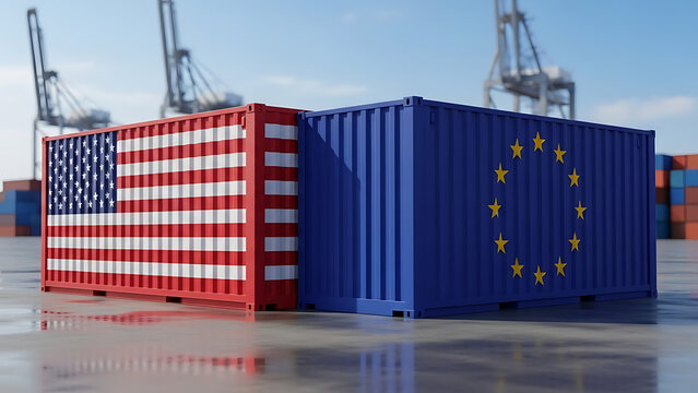 international cargo exchange with american and eu flags