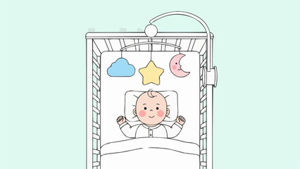Illustration of a baby lying in a crib with mobile.