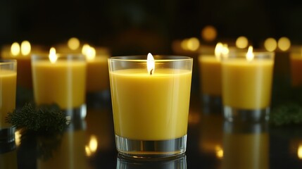 A single lit yellow candle in a glass holder glows with warm light against a blurred background