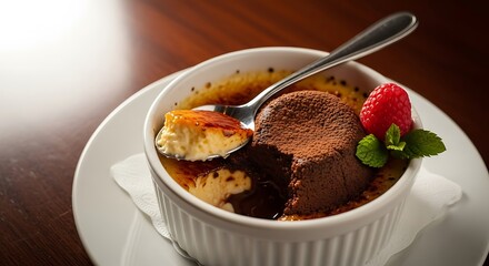 Dessert with caramelized sugar crust, chocolate cake, and raspberry garnish.