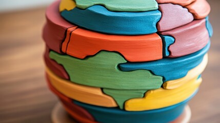 Abstract sculpture of stacked colorful clay layers forming a globe like structure