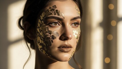 Beautiful young woman showcases striking facial decoration with shimmering gold leaf application