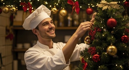Young chef happily decorates a holiday tree with ornaments inside a professional kitchen setting