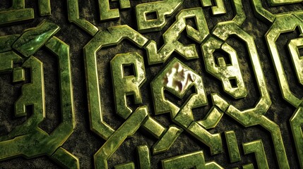 Intricate interlocking geometric shapes with a metallic green texture and embossed details