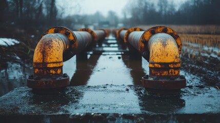 Rusty industrial metal pipes of an outdoor irrigation system exposed and weathered