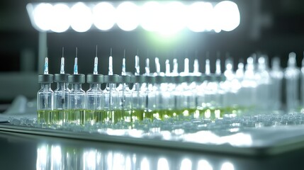 Rows of sterile medical syringes filled with liquid and arranged on a tray under bright lights