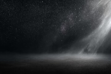 Dark, starry sky with a bright light shining through it. The light is casting shadows on the ground