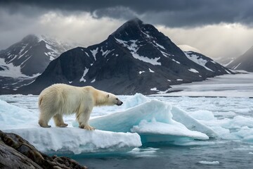 Majestic polar bear stands on melting ice floe with snow-capped mountains in the background
