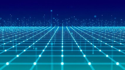 Abstract digital grid network background with glowing blue lines and dots representing data flow and technological advancements in a futuristic cyberspace environment