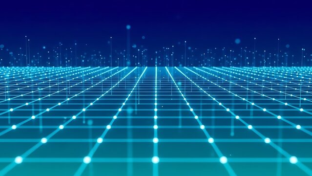 Abstract digital grid network background with glowing blue lines and dots representing data flow and technological advancements in a futuristic cyberspace environment - Powered by Adobe