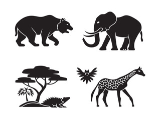 A dynamic set of four stunning black dense jungle silhouette illustrations