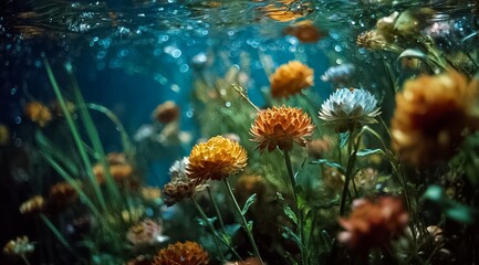 Field of flowers is submerged in water. The flowers are orange and white. The water is clear and calm