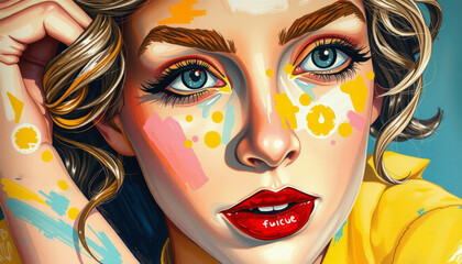 Close-up fashion portrait of a glamorous girl wearing a colorful art mask with elegant makeup and style that highlights her beautiful eyes and skin