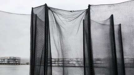 Industrial black netting and mesh structure with tangled debris caught and hanging against an outdoor sky background