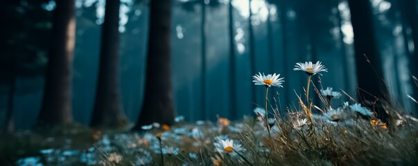 Field of wildflowers with a few trees in the background. The flowers are white and the grass is green