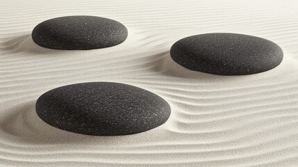Three smooth dark stones artfully arranged on fine rippled grey sand