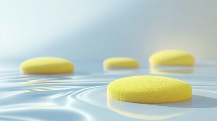 Yellow absorbent spill containment pads arranged on a reflective liquid surface