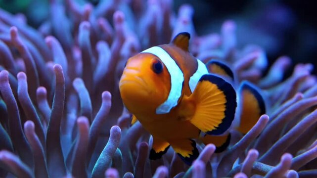Vibrant clownfish swimming gracefully among purple anemone tentacles