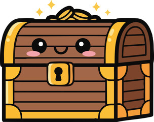 Cute Wooden Treasure Chest with Happy Eyes and Gold Coins, Kawaii Adventure Symbol