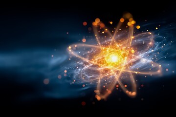 Glowing yellow atom with a black background. Concept of wonder and curiosity about the universe