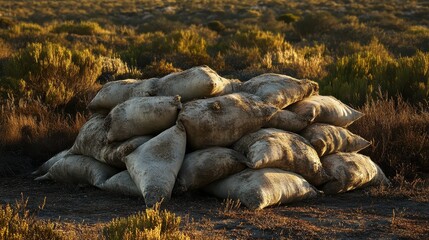 Stacks of weathered sandbags forming a substantial barrier on dry ground with distant vegetation