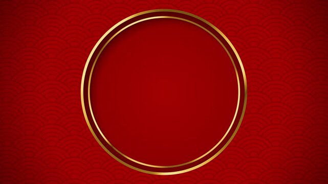 Glossy Chinese New Year Shining Golden Outlined Circle on Red Waves Pattern Background with Text Box - 4K Horizontal Video 