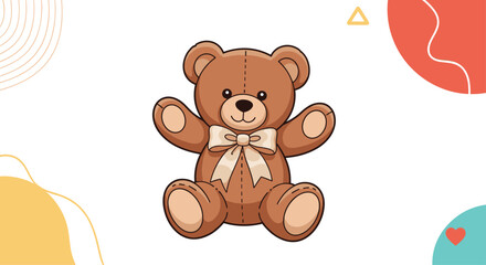 Fototapeta premium Cute brown teddy bear character with a beige bow, sitting with open arms against a white background with abstract shapes.