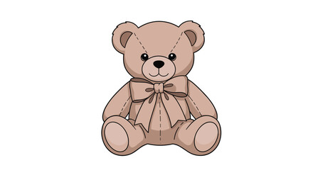 Obraz premium Classic brown teddy bear with stitched details and a large bow around its neck, sitting in a simple and cute cartoon style.