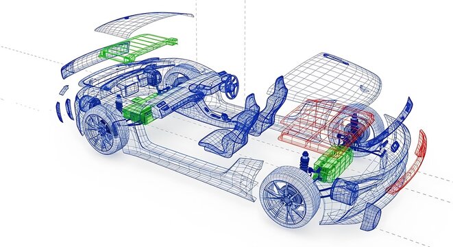 Exploded view schematic of an electric vehicle's internal components and structure. - Powered by Adobe