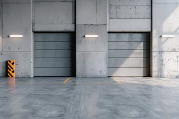 Three large garage doors stand open at a service garage entrance, revealing a clean, spacious interior with a polished concrete floor. Space is available on the right for text or signage