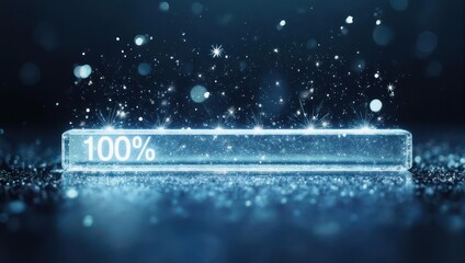 Digital Progress Bar Reaching 100 Percent Completion with Glowing Particles.
