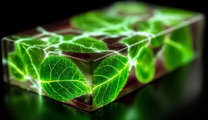 Green leafy object with a glowing green background. The object is made of glass and has a leafy design