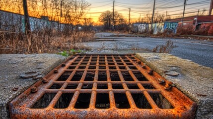 A rusty metal grate with a grid pattern sits on concrete at ground level with a warped and distorted appearance during a warm sunset sky with a blurred industrial background
