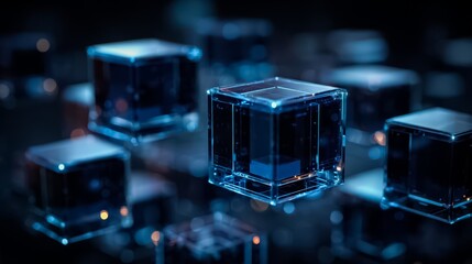 Group of blue cubes are floating in the air. The cubes are all different sizes