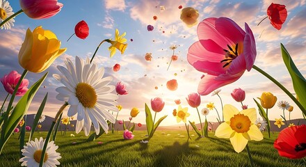 Diverse colorful flowers bloom vibrantly in a grassy field at sunrise.