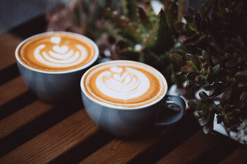Two cups of cappuccino with latte art on wooden table with succulents