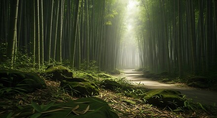 Serene bamboo forest pathway illuminated by soft sunlight and mist.