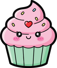 Pink Cupcake with Heart Sprinkles and Cherry, Sweet Dessert Kawaii Illustration