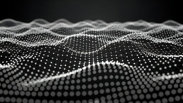 Abstract digital wave pattern of glowing white dots on a dark background - Powered by Adobe