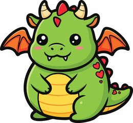 Cute Green Dragon with Wings and Crown in Fantasy Kawaii Style