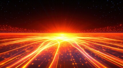 A network of luminous pulsating streams of orange and yellow energy flowing across a dark digital landscape with bright lights and shimmering particles