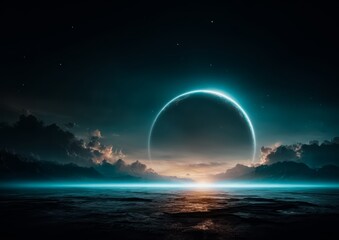 Large blue circle is floating in the sky above a vast ocean. The sky is dark and cloudy, with a few stars visible