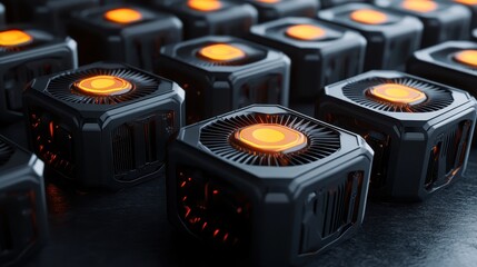 An intricate arrangement of futuristic glowing technological devices with illuminated orange cores