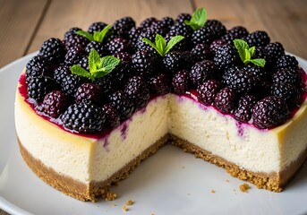 A slice of creamy cheesecake is topped with fresh blackberries and mint.