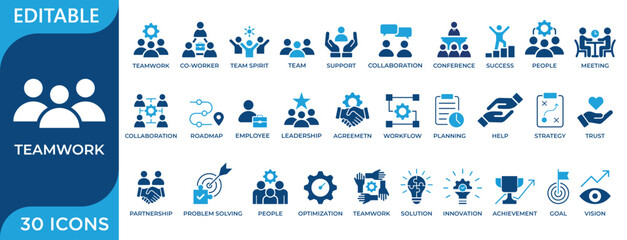 Teamwork icon set featuring collaboration, leadership, management, planning, success, communication, partnership, strategy, and achievement concepts. Clean outline and flat style icons with editable s