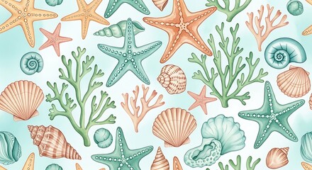 Underwater life pattern with shells, starfish, and corals.