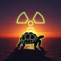 Turtle walks under a glowing radiation symbol at sunset.